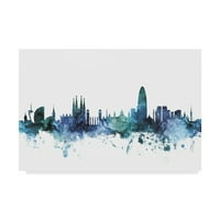 Védjegy képzőművészet 'Barcelona Spanyolország kék kékeszöld Skyline' vászon művészet Michael Tompsett