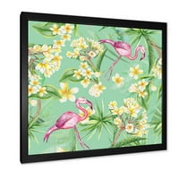 Designart 'Sárga virágok, trópusi lombozat Flamingo v' Hagyományos keretes művészeti nyomtatás