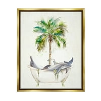 Stupell trópusi delfinek fürdőszoba kád állatok és rovarok festés arany úszó keretes művészeti nyomtatási fal művészet