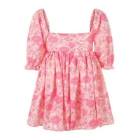 Thaisu női nyári Rövid ruha, Egyszínű négyzet alakú nyakú rövid Puff Hüvely alacsony vágású Egyrészes Rózsaszín Sárga,