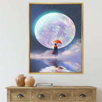 A lány esernyővel áll a vízen a hold keretezett festménye vászon művészeti nyomtatás