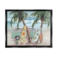 Stupell nyári hullámok trópusi furgon szörfdeszkák tájfestés fekete úszó keretes művészeti nyomtatási fal művészet