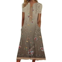 Női Maxi Floor Dress Clearance nyári felkapott ruhák alkalmi laza Etnikai virágnyomtatás Vintage Rövid ujjú ruha v