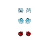 18K fehér arany 1ct létrehozott akvamarin, kék topáz és rubin pár kerek fülbevaló bevont