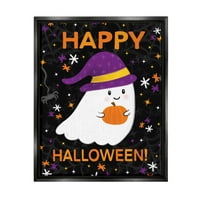 Stupell Industries Happy Halloween Happy Ghost Graphic Jet fekete lebegő keretes vászon nyomtatott fali művészet, Emily