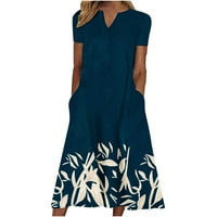 CaComMARK PI Midi hosszúságú ruhák Clearance Női alkalmi nyári zseb rövid ujjú nyomtatás V-nyakú ruha Navy