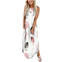 Ecqkame Maxi ruha nőknek tengerparti nyaralás Alkalmi Nyomtatott Ujjatlan kereszt elülső nyak hosszú ruha Fehér XXL
