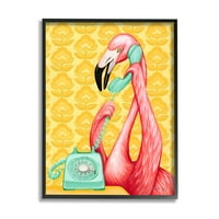 Stupell Industries Flamingo hívó telefon telefon Groovy Flowers Háttérkép grafikus művészet fekete keretes művészet