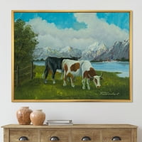 A tehenek füvet esznek egy tó keretezett festmény vászon művészeti nyomtatása