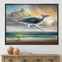 A bálna úszó az égen a tengerparti keretes festmény vászon művészeti nyomtatás