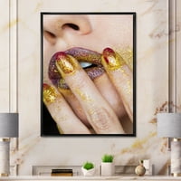 Designart „A nő közelképe arany arany csillogó rúzs” modern keretes vászon fali művészet nyomtatás