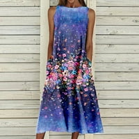 Női ruhák női nyári nyomtatás tengerparti nyaralás ruha Kerek nyakú nagy hinta zseb Maxi ruha Sundresses nőknek Sötétkék