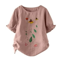 Charella női Molett méretű kerek nyakú rövid fodros ujjú Nyomtatott ingek Pamut vászon Vintage póló felsők Rózsaszín,