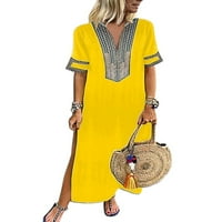 Grianlook Női hosszú ruha v nyakú nyári strand Sundress Virágmintás Maxi ruhák nők Vintage Baggy Rövid ujjú sárga 3XL