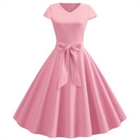 Gotyou Ruhák Női Vintage Rövid ujjú egyszínű íj Hem Slim Slim Vintage ruha Rózsaszín L