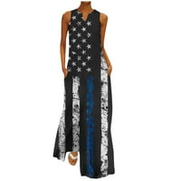 Női Split V nyakú Maxi ruhák Stars and Stripes Nyomtatott Hosszú ruhák nyári ujjatlan alkalmi amerikai zászló nyomtatott
